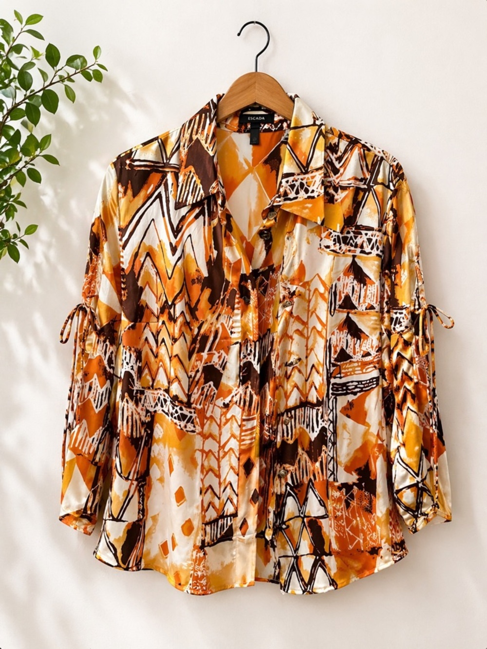 Escada Silk Blend Abstract Print Blouse Orange Brown Size 38